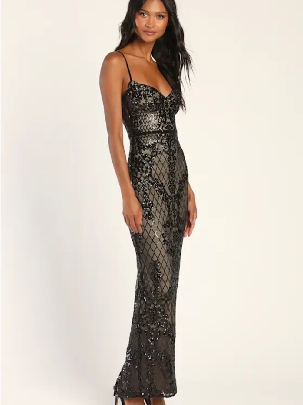 Lulu's Black Sequin Lattice Spaghetti-Strap Maxi Dress